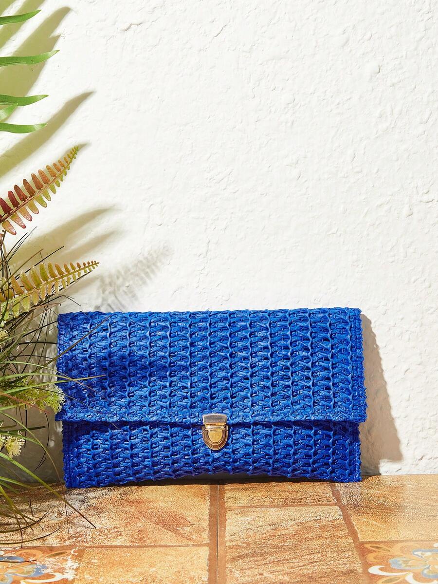 SHECARRY 女士手拿包、草编包、草编手提包，时尚、优雅、简约、个性化、百搭，适合海滩、度假、假日、夏季、海边、沙滩派对 - 克萊因藍 - 查看 1