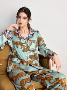 Ocili 2pcs/Set Women Leopard Color Blocking Pajama Set Holiday Season, Fall Winter Clothes - Multicolor - View 7