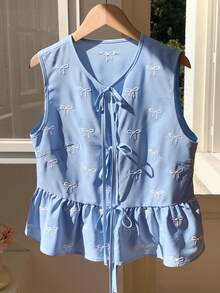 Blusa de rayas y estampado sin mangas para uso diario sencilla, tops sin mangas NMVL - Azul - Ver 4