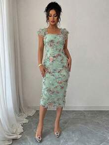 Elenzga Đầm midi nữ thanh lịch, lãng mạn, chất liệu lưới in họa tiết, xếp ly, thích hợp cho mùa cưới, tiệc tùng, hẹn hò, đi chơi thường ngày, mùa xuân/hè. - Xanh nhạt - Xem 4