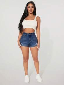SHEIN PETITE Quần short denim dáng ôm, phong cách thường ngày, bạc màu, rách nhẹ, thích hợp cho mùa hè. - Rửa trung bình - Xem 4