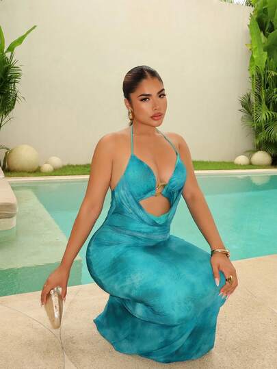 Maria Perezxox 针织绿色扎染印花渐变网眼露背鱼尾深 V 领连衣裙，女士休闲夏日度假装，女士生日装，海滩必备品，女士机场装，俱乐部装，女士乡村装，欧洲夏季，茶会礼服，生日礼服，返校，返校节，老钱风格女士，街头女士，Y2k，夜间外出，秋季服装，冬季服装，可爱，外出装，飘逸连衣裙，适合外出、音乐会、派对、俱乐部服装、约会、夜间外出、度假、海滩服装、花园婚礼宾客礼服、女士优雅连衣裙、情人节、波西米亚风、节日服装、毕业服装、秋冬季