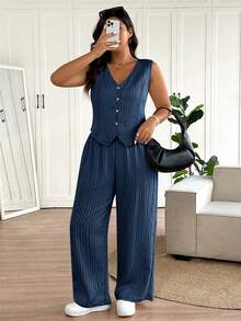 SHEIN Frenchy Plus Size Women V-Neck Top And Wide Leg Pants Casual Everyday Set - Blue - View 5