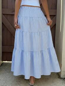 SHEIN EZwear 女士条纹抽绳腰休闲百搭约会外出半身裙 - 淺藍色 - 查看 2