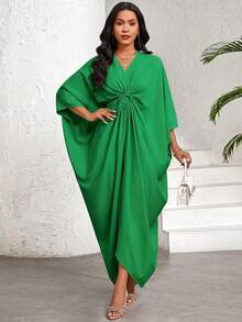 SHEIN Lady Women's Casual Elegant Modest Loose Batwing Sleeve Dress, Green, Suitable For Holiday Vacation Wear, Bohemian Style/Bohemian Clothing Party Autumn - Green - View 7