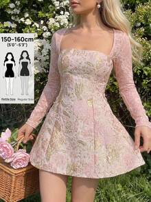 SHEIN PETITE Women's Elegant Sexy Pastal And Floral Jacquard Mini Dress,Autumn Lace Long Sleeve Square Neck Waist Cinching Party Golf Dress,Holiday Bridal Outfits - Pink - View 6
