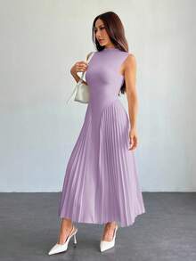 SHEIN PETITE Elegantes plissiertes, figurbetontes A-Linien-Kleid für Damen, Sommerkleider für Damen, Petite Damen - Violett - Übersicht 8