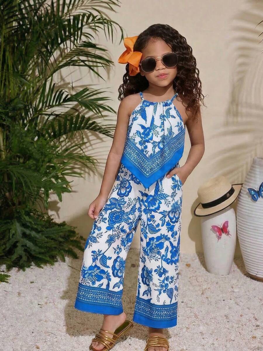 SHEIN 2pcs Young Girl Ditsy Floral Sleeveless Top And Pants Set - Multicolor - View 1