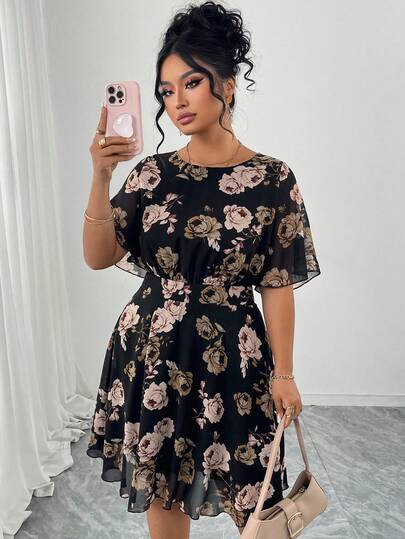 Elenzga Plus Size Women's Early Spring Black Chiffon Floral Print Casual Minimalist Dress