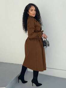 Alexandranx 女式休闲纯色双排扣风衣 - 棕色 - 查看 6