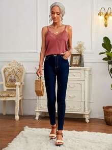 SHEIN Frenchy Women's Casual Lace Patchwork Camisole Top - Redwood - View 5