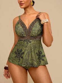 Travachic Bộ bikini cỡ lớn dành cho nữ, họa tiết cây nhiệt đới màu xanh lá cây, áo bơi hai dây cổ chữ V phối màu vàng, cạp chun co giãn. - màu xanh lá - Xem 6