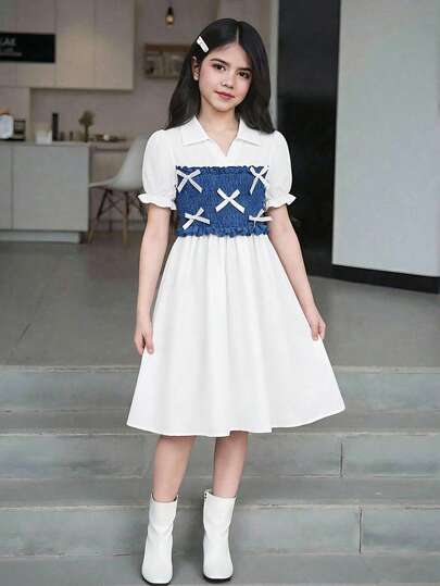 女童夏季花瓣袖连衣裙，正面蝴蝶结装饰，撞色领口