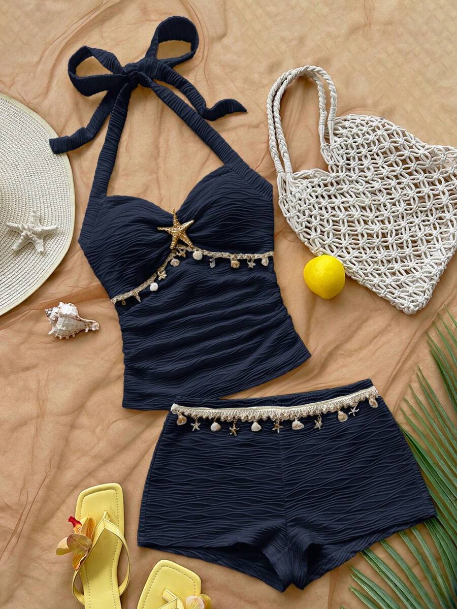 Soleia Bộ đồ 2 mảnh gồm áo hai dây hở lưng và quần short dành cho nữ, trang phục đi nghỉ mát. - Màu xanh hải quân - Xem 1