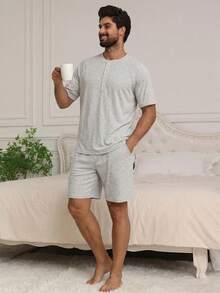 DAZY Bộ đồ ngủ nam màu xám tay ngắn và quần short, thích hợp cho mùa hè. - Màu Xám nhạt - Xem 4