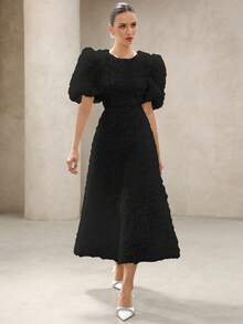 BELROSIE French Romantic Rose 3D Decor V-Neck Petal Sleeve Cinched Waist Dress For Women - Black - View 5
