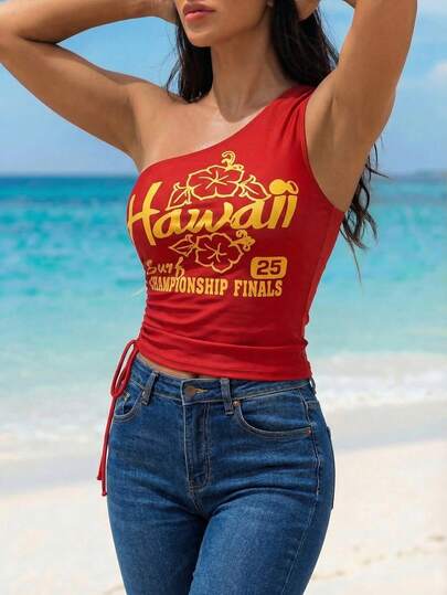 Swim Vcay 26SS 女士波西米亚风清新浪漫夏威夷标语字母印花无袖雪纺披肩上衣，可调节抽绳长度，舒适透气，适合海滩度假、春夏穿着