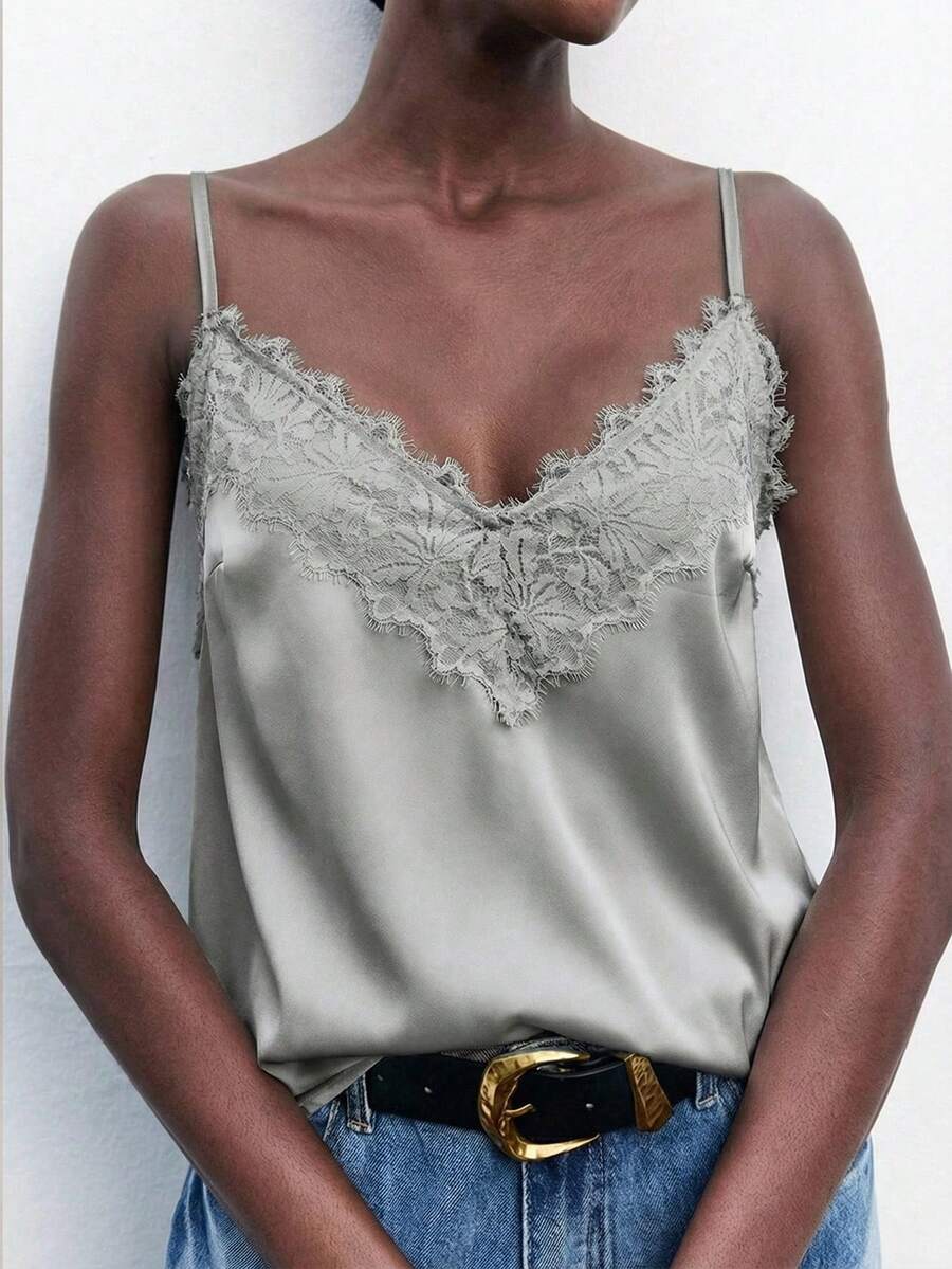 Maija 女士灰色蕾丝拼接上衣，优雅浪漫时尚舒适宽松V领可调节细肩带度假商务休闲西部风邮轮休闲百搭无袖上衣 - 灰色 - 查看 1