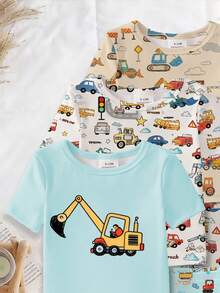 SHEIN [2 Sets Random] Baby Boy Snug Fit Pajamas Short Sleeve & Shorts Summer Light Blue & Cream Cartoon Truck Vehicle Print Soft Lightweight Knit - Multicolor - View 3