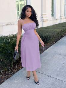 Alexandranx Solid Ruched Bust Lace Up Side Cami Dress,Pastel Dresses For Women,Lavender Dress - Mauve Purple - View 6
