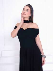 Duda Rubert 女士纯色薄纱垂褶领露背缎带下摆长裙，性感透视度假裙，情人节，女士情人节派对服装 - 黑色 - 查看 5