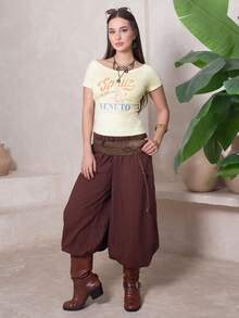 Duda Rubert 女式夏季修身不对称肩部 T 恤，鸡尾酒橙色意大利海滩 VENETO 基本款露肩上衣 - 黃色 - 查看 1