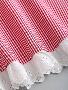 Sweetra Chân váy chữ A mùa hè nữ kiểu dáng thường ngày, họa tiết kẻ caro phối nhiều mảnh, có dây rút. - Đỏ - Xem 3