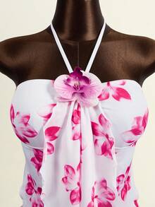 Zestiva Spring/Summer Hot Selling Casual Plant Flower Print Front Center 3D Flower + Ruffle Collar Anti-Slip Top + Plant Flower Print Side Ruched Midi Skirt Women Casual Suit - Multicolor - View 6