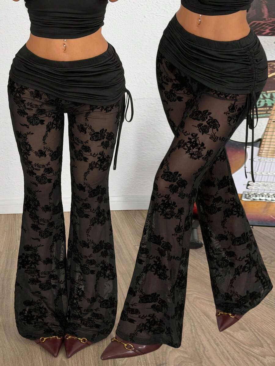 Coolane Pantalones negros de pierna acampanada con ajuste ceñido, estilo vintage, con cordón lateral, para mujer de talla grande, para primavera/verano - Negro - Ver 1