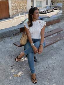 SHEIN Frenchy Plus Size Women Geometric Textured Contrast Lace Fashion T-Shirt - White - View 1