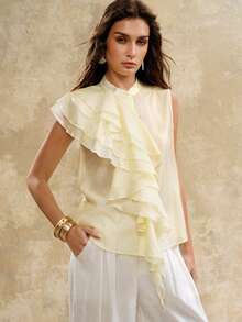 Arave Women's Woven Tencel Fabric Mandarin Collar Sleeveless Ruffle Trim Casual Top - Yellow - View 1