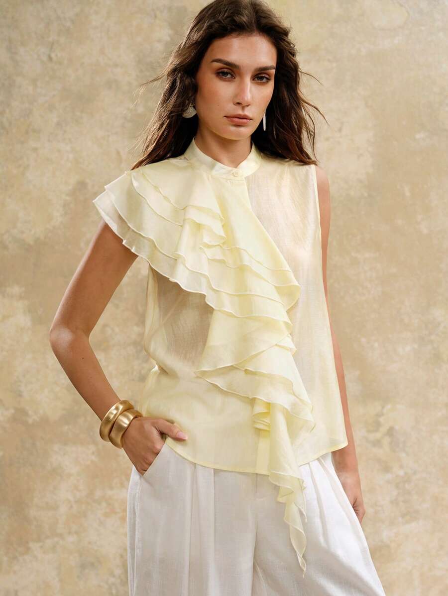 Arave Women's Woven Tencel Fabric Mandarin Collar Sleeveless Ruffle Trim Casual Top - Yellow - View 1
