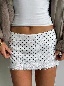 CovetEZ 女士休闲波点印花蕾丝边半身裙，夏季 - 黑與白 - 查看 2