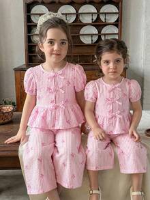 LMoss Kids 2pcs Baby Girl Woven Striped Petal Sleeve Casual Shirt And Loose Fit Pants Set - Multicolor - View 5