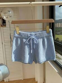 Comfortcana 秋冬季纯色高腰抽绳休闲毛衣短裤套装 - 藍色 - 查看 2