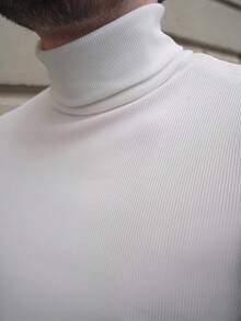LEOGASHI LEOGASHI Camiseta casual de cuello alto y unicolor para hombres, se puede usar como capa base, para otoño, top de manga larga - Blanco - Ver 3