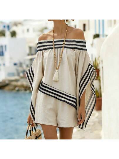 Balvessa Women's 2-Piece Casual Outfit, Off-Shoulder Striped Half Sleeve Asymmetrical Hem Blouse And Elastic Waist Shorts, Suitable For Beach, Spring/Summer Holiday And Daily Wear