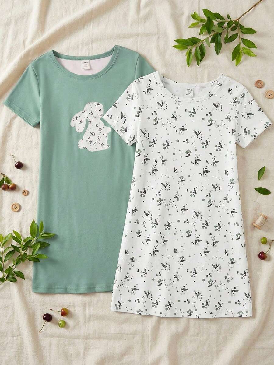 Genkimix Kids 2件套 女童简约可爱卡通绵羊印花短袖长款睡衣套装，粉色和灰色 - 綠色 - 查看 1