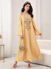 Yasmyna Đầm kiểu Ả Rập cổ chữ V, cài cúc phía trước, họa tiết hoa. - Màu vàng - Xem 4