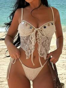 Swim SXY 女士象牙色蕾丝亮片细肩带系带性感度假风比基尼两件套泳衣，夏季 - 白色 - 查看 4