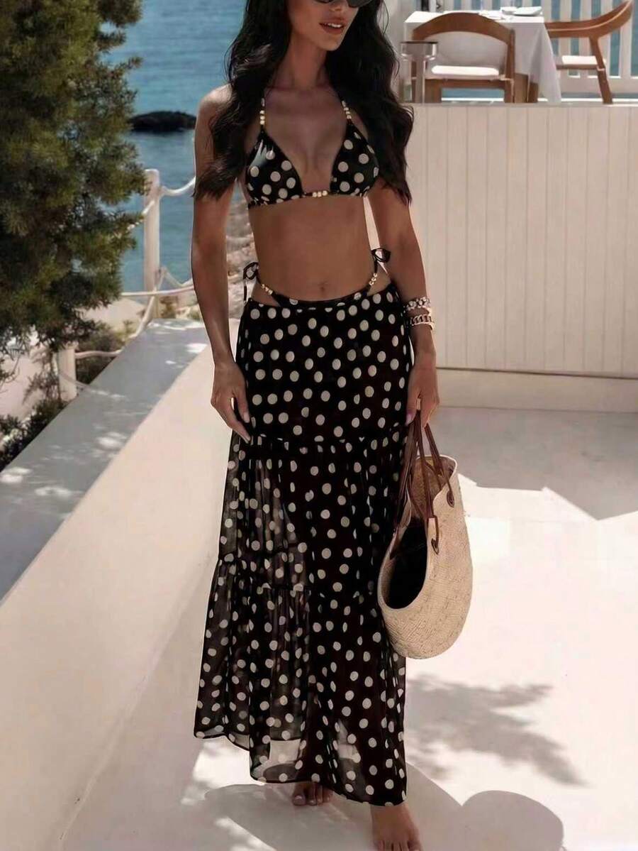 Swim Oasis 女士黑色和黄色波点露背性感沙滩度假比基尼三件套，夏季 - 黑色 - 查看 1