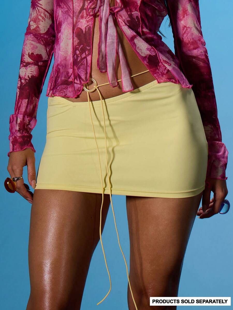MUSERA Chân váy siêu ngắn ôm sát, cạp trễ thấp, thắt eo phía trước, chỉ bao gồm phần dưới, thích hợp cho mùa hè, đi chơi, nghỉ mát, Ibiza, câu lạc bộ, cơn sốt nhiệt đới. - Vàng nhạt - Xem 1