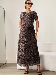 MaterniWear 孕妇休闲豹纹圆领短袖连衣裙，夏季 - 棕色 - 查看 4