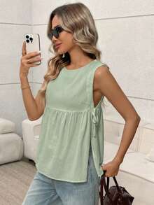 女士纯色圆领侧系带休闲背心 - 綠色 - 查看 5