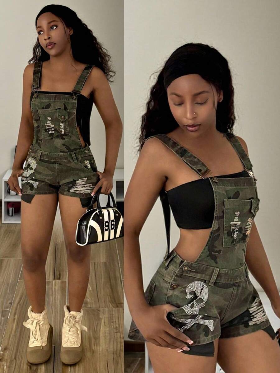 StreetHx 女士迷彩印花做旧水钻牛仔背带短裤 - 彩色 - 查看 1