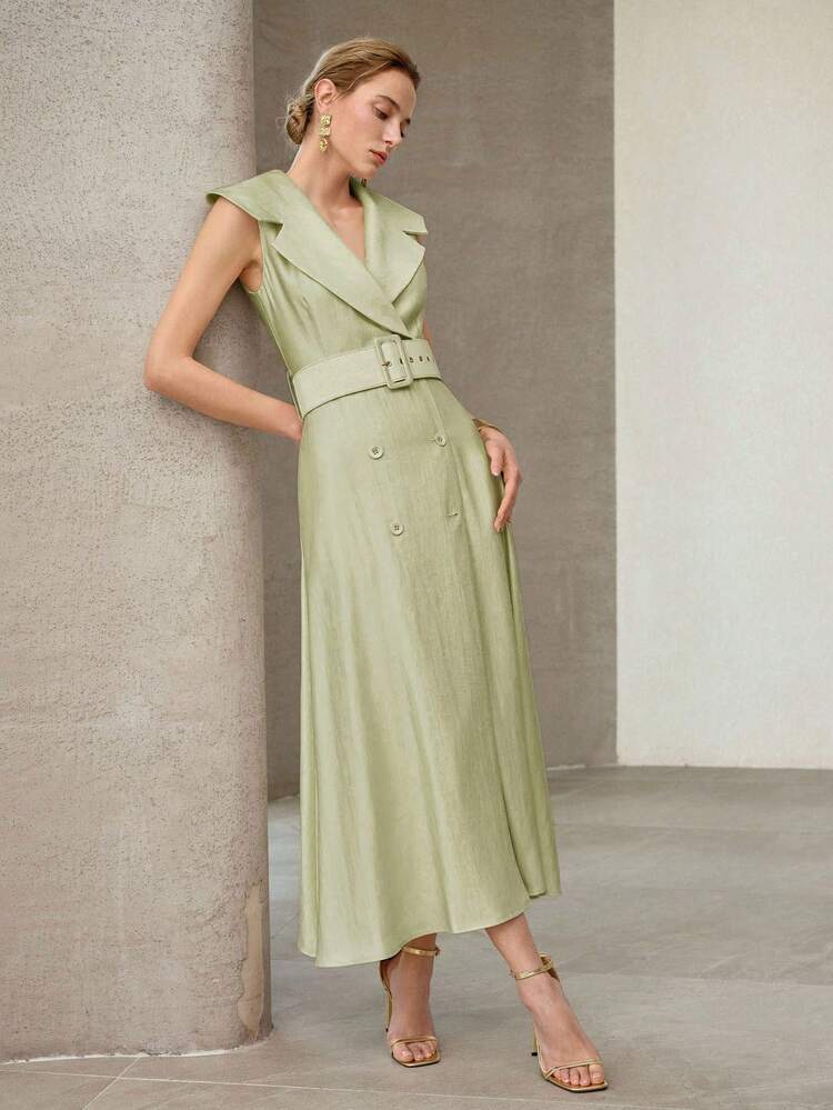 ELEGANT MINIMALIST TURNDOWN COLLAR CINCHED WAIST A-LINE DRESS, SUITABLE FOR COMMUTING, SPRING/SUMMER