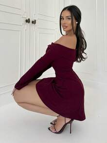 Shopreo Women's Burgundy Off-The-Shoulder Dress, Long Sleeve A-Line Mini Dress, Fake Pockets, Cocktail Dress - Burgundy - View 5