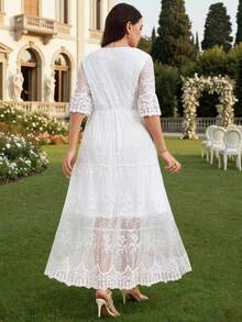 Zaforene Plus Size Women V-Neck Lace Fashion Date Gym Party Dress Brown Summer - White - View 6