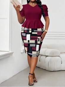 SHEIN Lady 春夏秋冬优雅派对婚礼酒会圣诞节多彩紫色V领主教袖加大码套装两件套女士教师装女士商务休闲女士两件套女士商务休闲女士办公室装女士两件套 - 彩色 - 查看 7