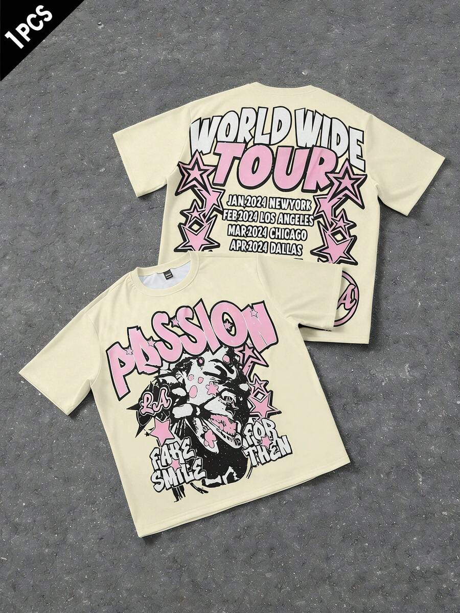 PAVTROS Áo thun nam tay ngắn cổ tròn dáng rộng - Màu be - Xem 1